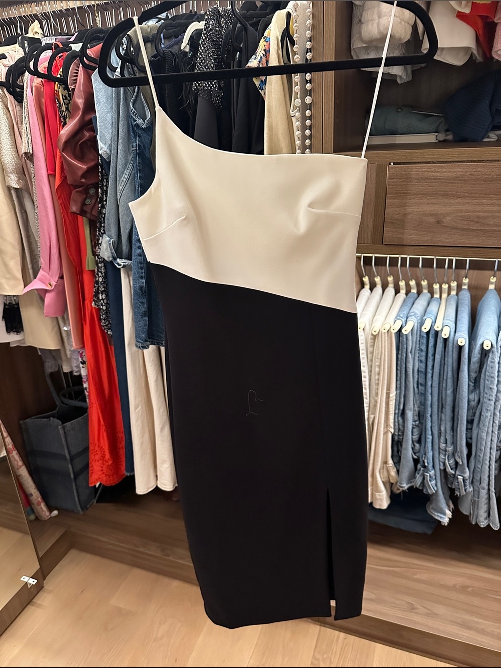 Likely Black and white one shoulder Midi Dress with slit